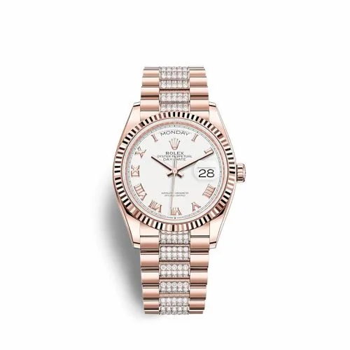 Rolex Day-Date 36 Everose Gold / Fluted / White - Roman / President-Diamond 128235-0053 (M128235-0053)